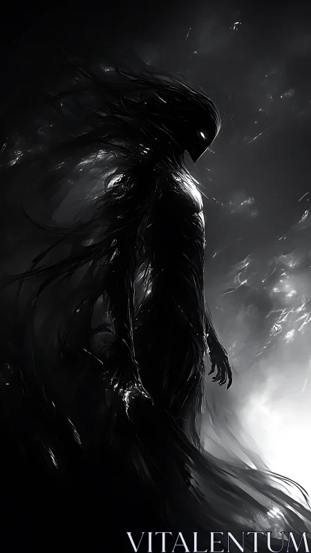 Monochrome wraith silhouette in high-contrast digital painting.