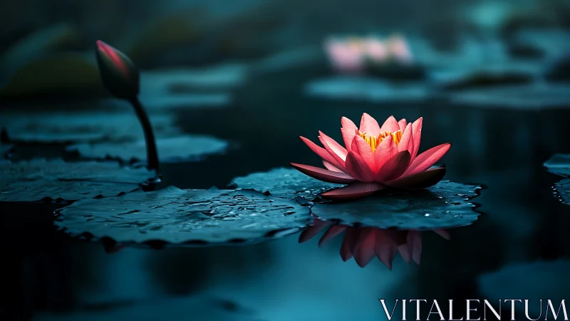 Pink Water Lily Floating Among Lily Pads in Teal Pond