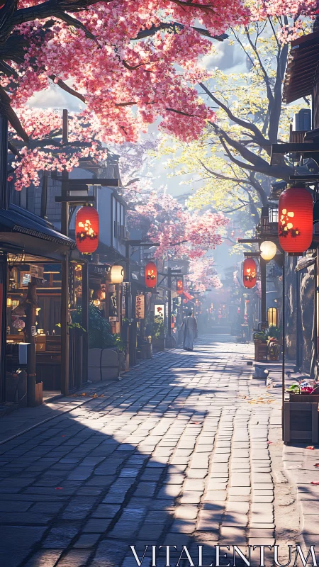Digital painting of cherry blossom street with lantern-lit perspective.
