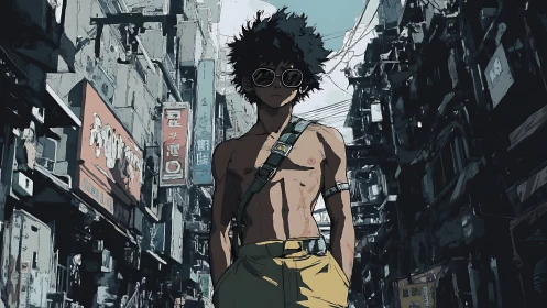 Street-sun rebel strolling neon canyon backstreets.