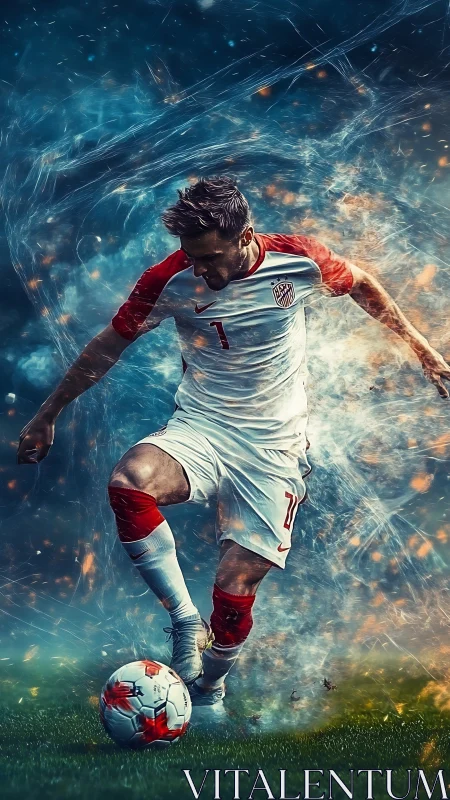 Dynamic soccer forward dribbling through fiery energy field.