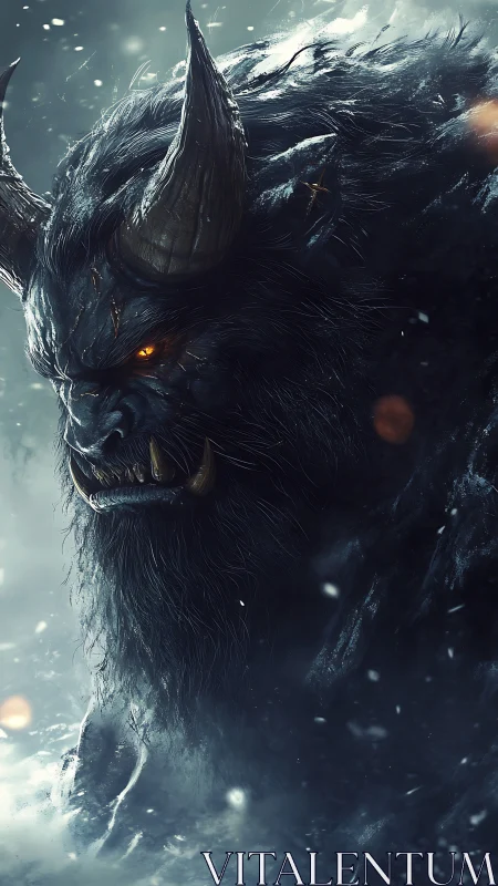 Horned ice demon glares through storm with burning eyes