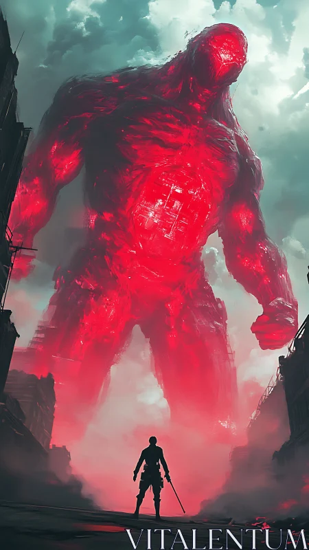 Gigantic red energy humanoid above lone armed figure.