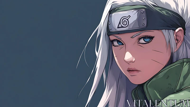 Side portrait shows silver haired ninja character in profile