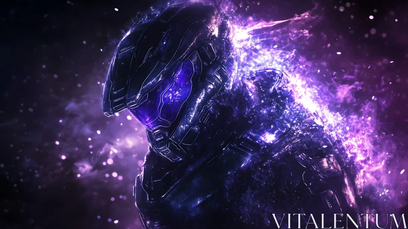 Armored space figure surrounded by violet energy field.