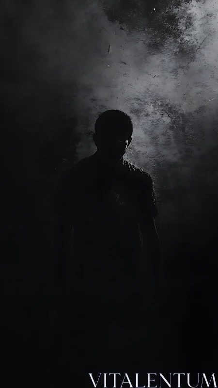 Silhouetted figure emerging from dense cinematic darkness.
