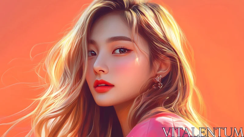 Digital portrait of young woman against orange backdrop.