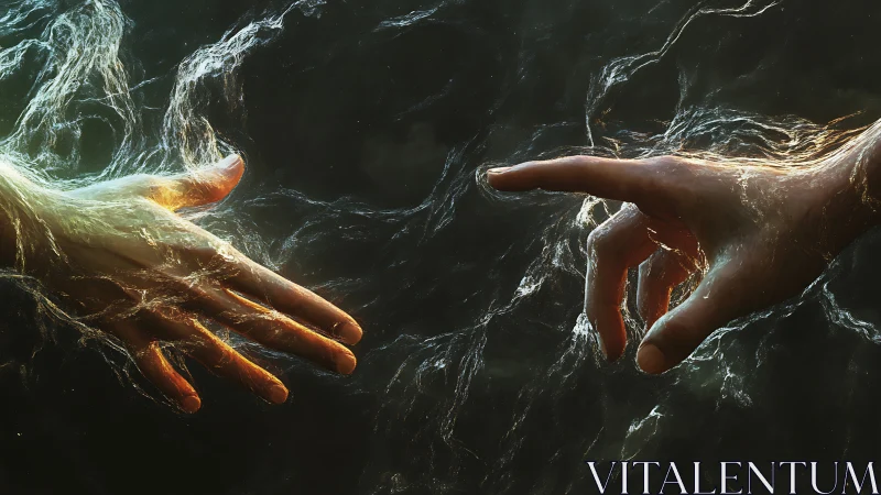 Liquid light hands reach through cosmic shadowed waters.