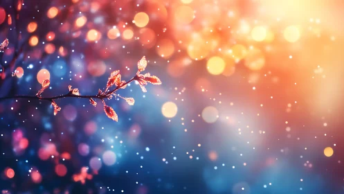 Glowing branch with bokeh lights in colorful abstract scene.