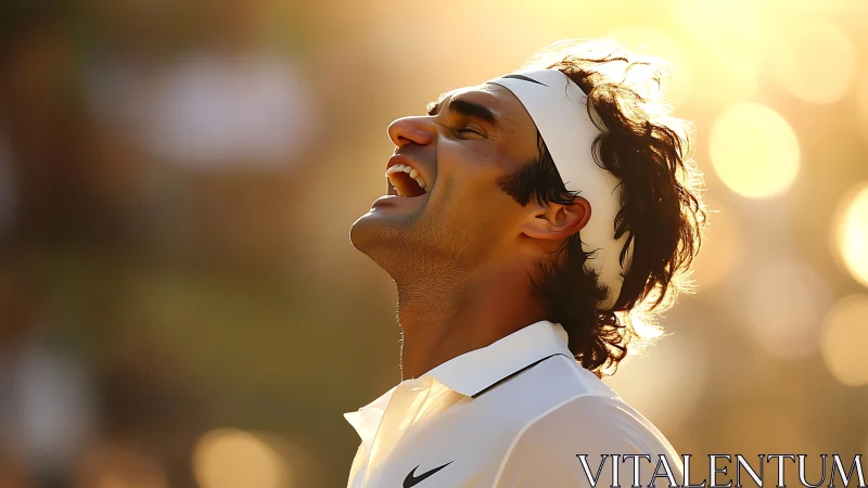 Tennis player celebrates victory under warm golden light.
