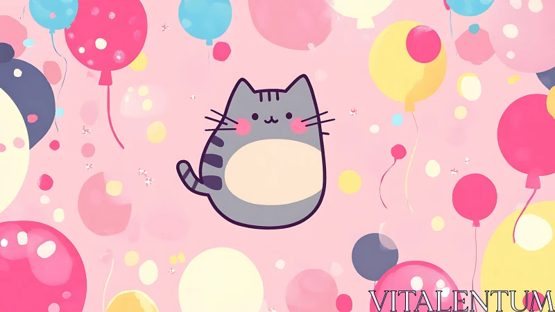 Stylized Feline Illustration Centered Against Chromatic Spheres Pattern