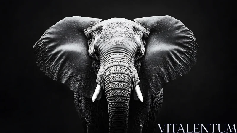 Monochrome frontal portrait of adult elephant against black.