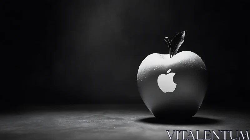 Monochrome metallic apple sculpture with brand-style emblem.