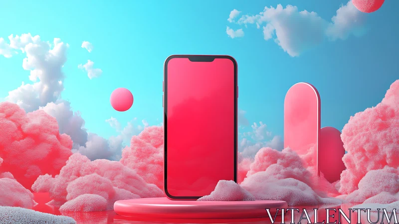 3D smartphone floating in pink surreal cloud landscape.