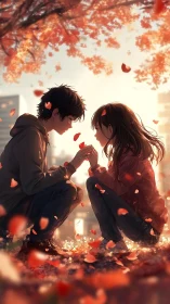 Two adolescents crouching under autumn foliage in cityscape.