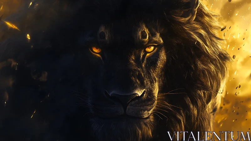 Majestic ember-eyed lion emerging from glowing shadows.