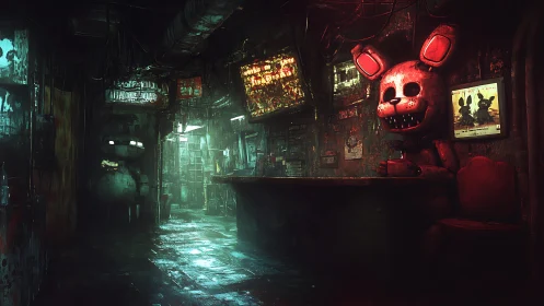 Dread-soaked animatronic bar in corroded neon alleyway.