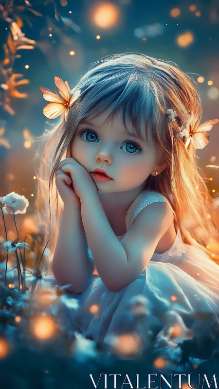 Enchanted child rests in glowing meadow at twilight