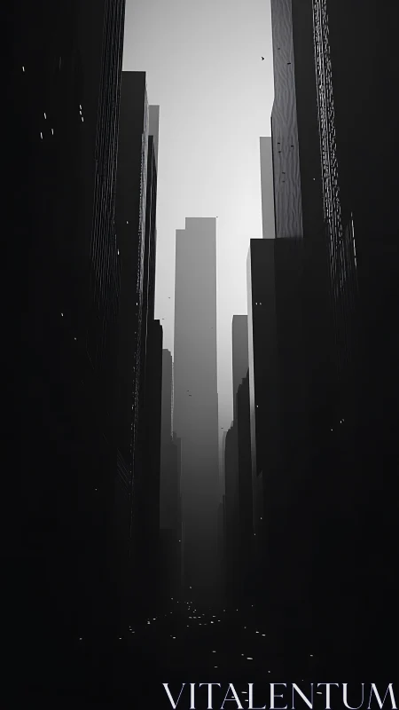 Monochrome high-rise canyon in minimalist urban silhouette.