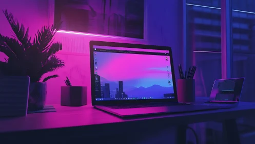 Neon-soaked laptop sanctuary in magenta and midnight blue glow.