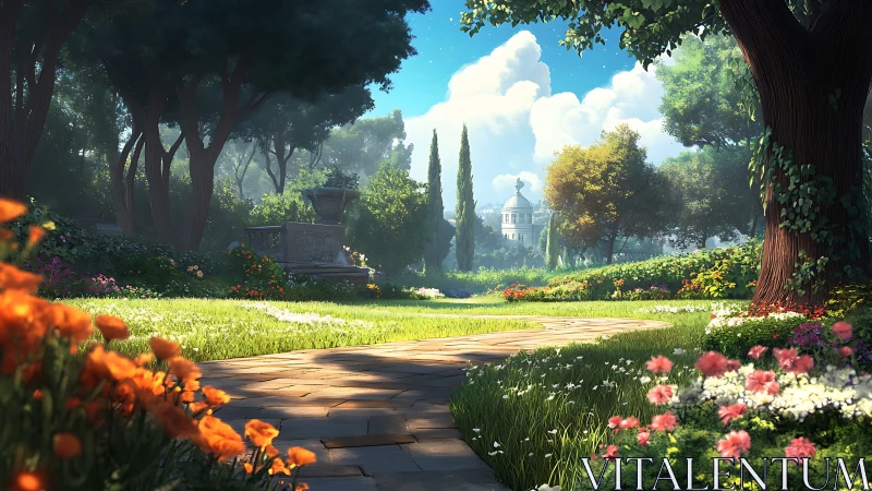 Sunlit garden path leads softly toward a distant domed pavilion