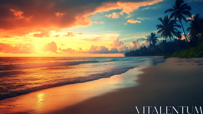 Sunset light paints tropical shoreline in vivid color.