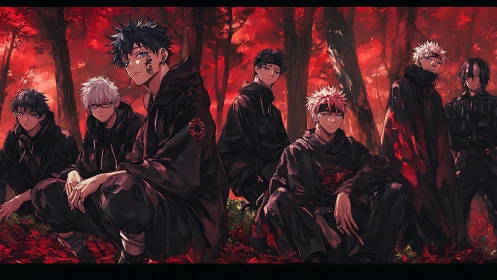 Anime squad in black hoodies in red autumn forest backdrop.