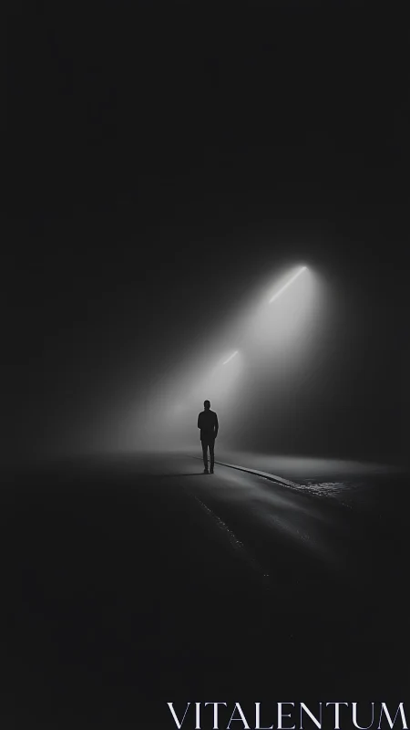 Solitary figure on dimly lit road in dense night fog.