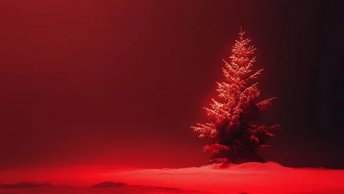 Solitary snow-covered fir tree under dramatic red stage lighting