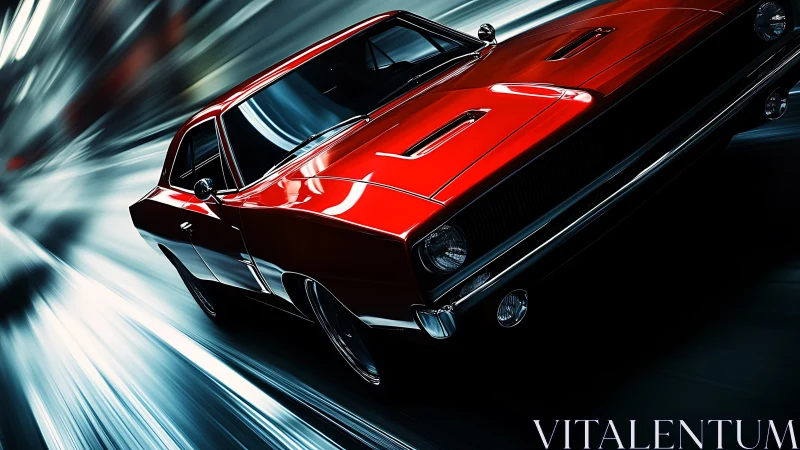 Digital painting of red muscle car in dynamic motion perspective.