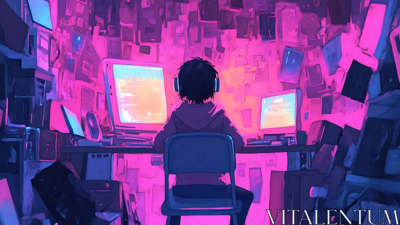 Neon coder steeps in glowing screens and quiet midnight code