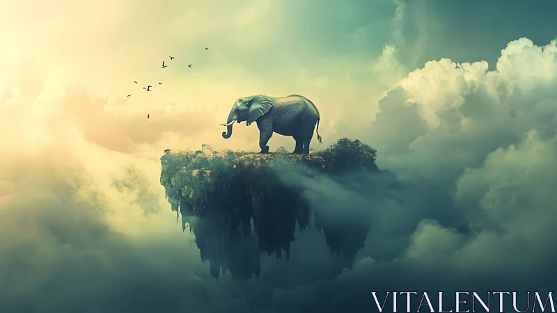 Elephant stands on floating cliff above glowing cloud sea.