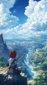 Lone red haired swordsman overlooking vast river valley city