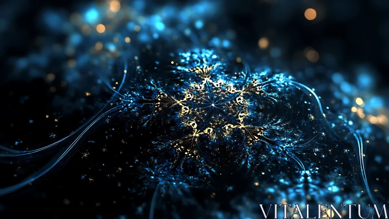 Luminescent blue fractal bloom glows across dark space.