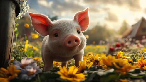 Young piglet standing in a flower field at sunset.