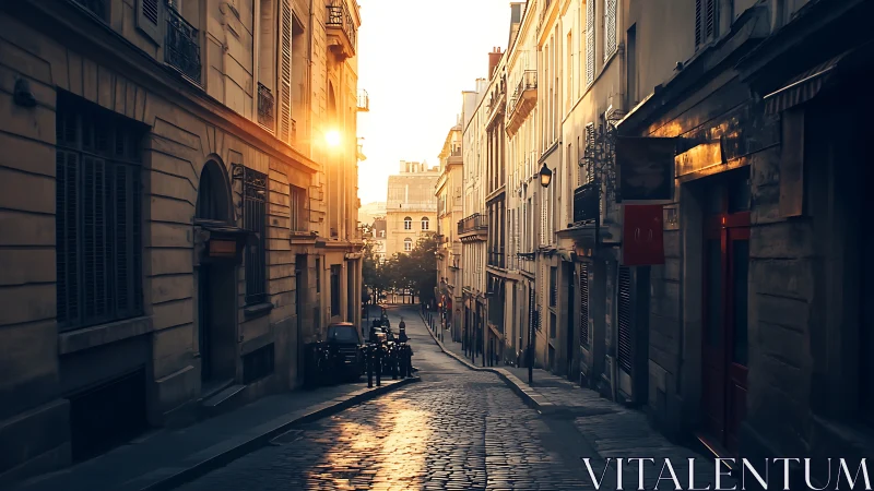 Narrow European street with evening sunlight on buildings.