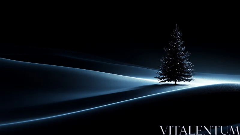 Minimalist nocturne landscape with illuminated fir tree silhouette.