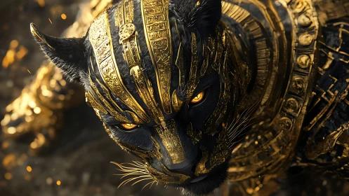 Ornamental Black Feline with Gilded Ceremonial Armor.