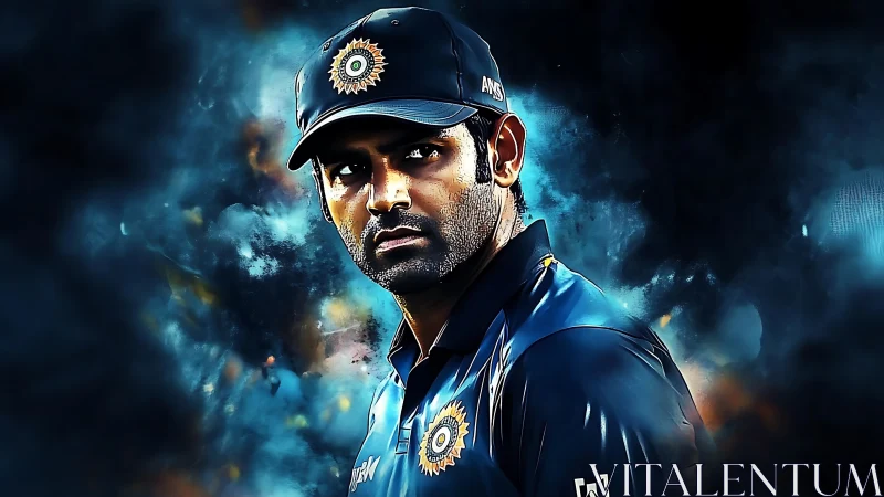 Indian cricket player portrait in blue jersey and cap.