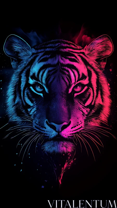 Neon twilight tiger portrait glowing in electric color.