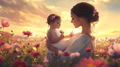 Mother and Child in Golden Flower Field at Sunset.