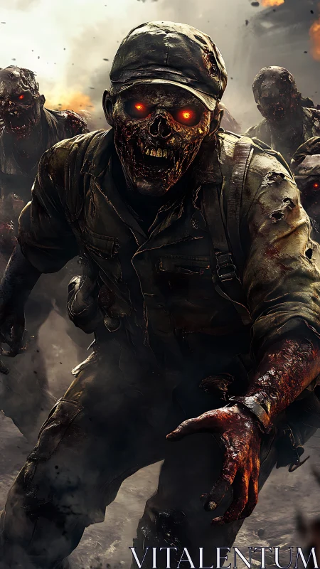 Burning-eyed zombie soldier lunges through war-torn smoke.