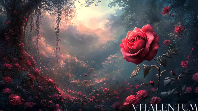 Roses in Misty Garden Landscape with Atmospheric Light