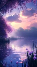 Twilight lake with purple foliage under clouded sunset sky.