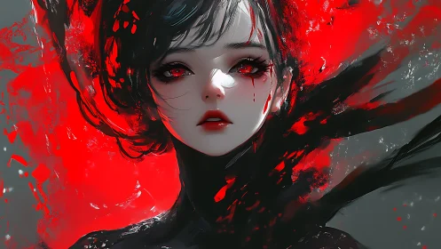 Crimson-eyed heroine rendered in high-contrast digital chiaroscuro