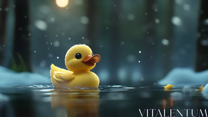 Rubber duck model floats on reflective pond in snowfall