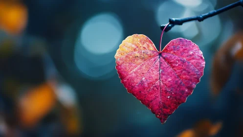 Heart-shaped autumn leaf glows softly against cool bokeh