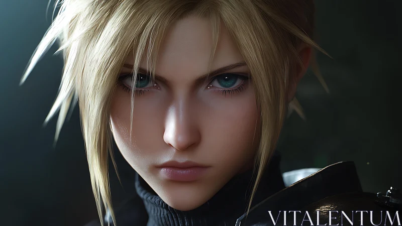 Stoic blonde warrior with intense teal eyes in soft light.