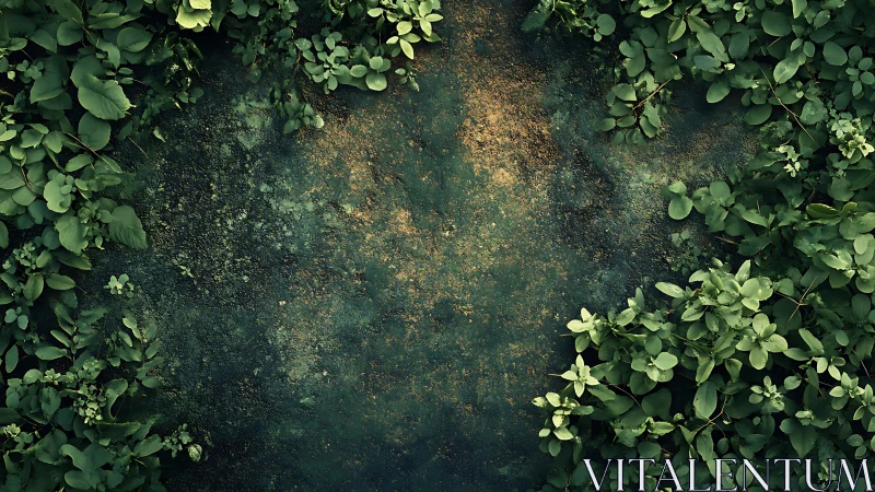 Weathered moss ground framed by dense green foliage border