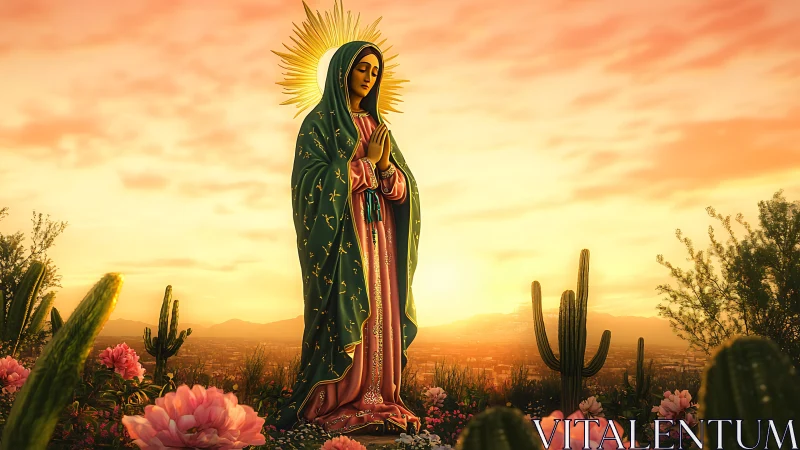 Radiant robed figure in desert skyline with luminous halo field.